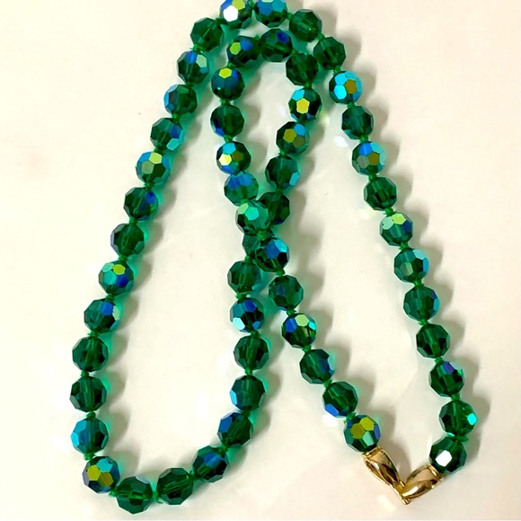 Vintage Faceted Crystal Ab Coated Long Necklace EMERALD GREEN Hand Knotted 60's - Picture 4 of 10